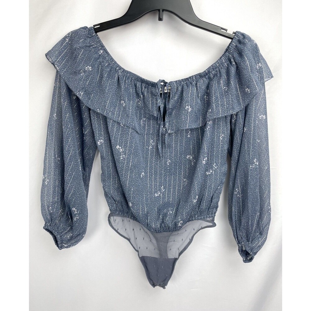 Abercrombie & Fitch Bodysuit Women XS Blue‎ Off Shoulder Ruffle Neck Chiffon Top